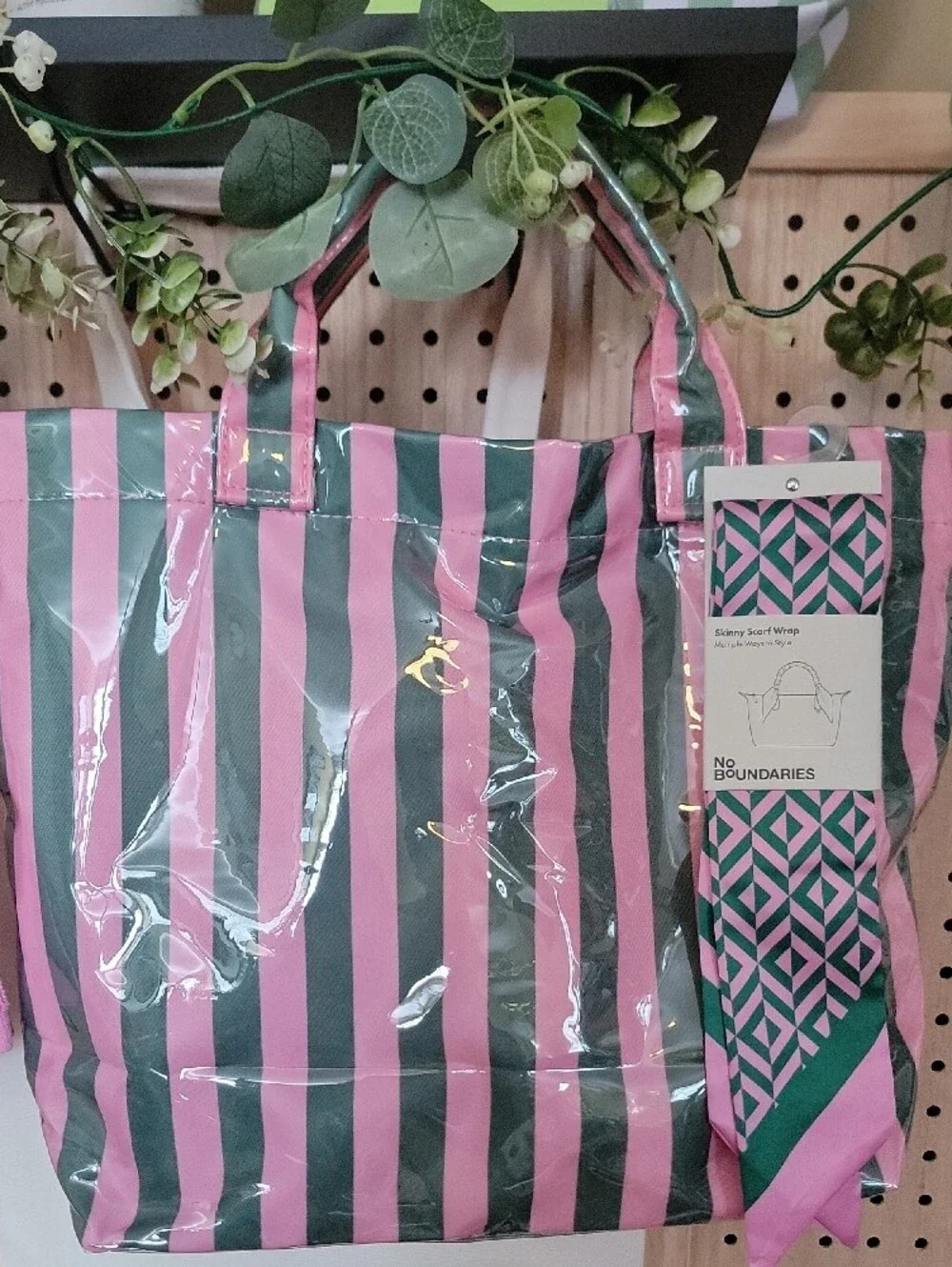 GIFT TOTE Pink and Green Striped Tote with Pale Pink Stanley Tumbler Flamingo